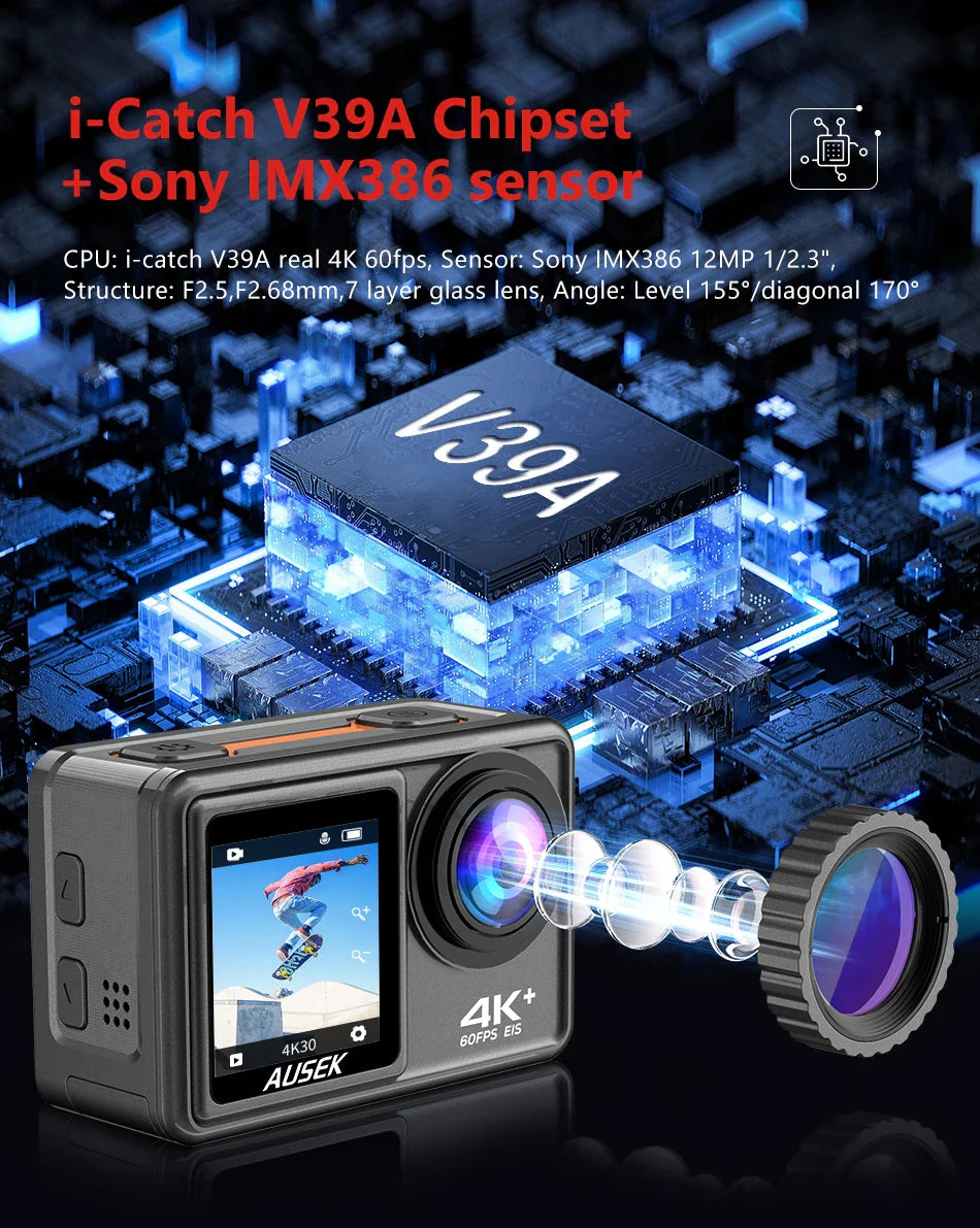 AUSEK S81TRW 5K Action Camera – 4K60FPS, 48MP, EIS, 5X Zoom, 1080P Webcam, Wi-Fi Vlog Sports Cam with Remote & Optional Filters