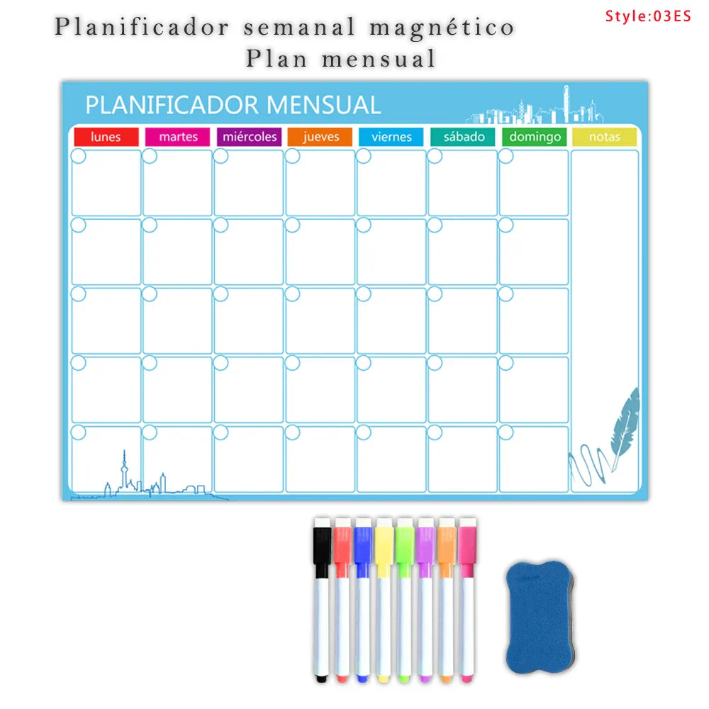 A3 Dry Erase Whiteboard Fridge Calendar – Weekly & Monthly Planner in Spanish, French, English