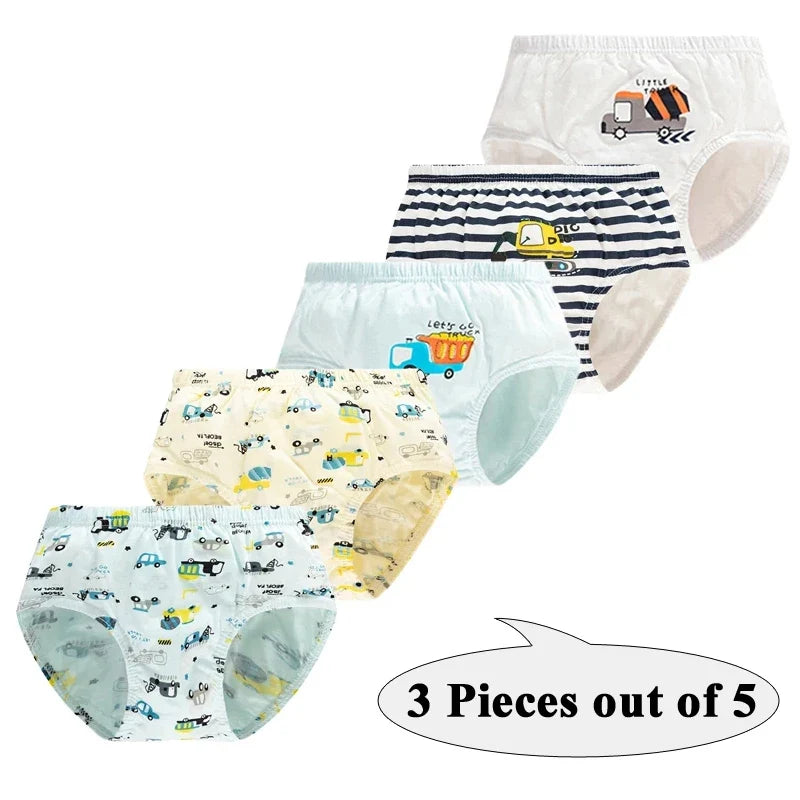 3Pcs Boys Cotton Underwear Set - Cartoon Vehicle Briefs with Breathable Soft Fabric for Kids