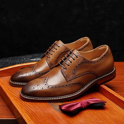 Men’s Genuine Cow Leather Oxford Shoes - Handmade British Vintage Carved Brogue Derby Dress Shoes