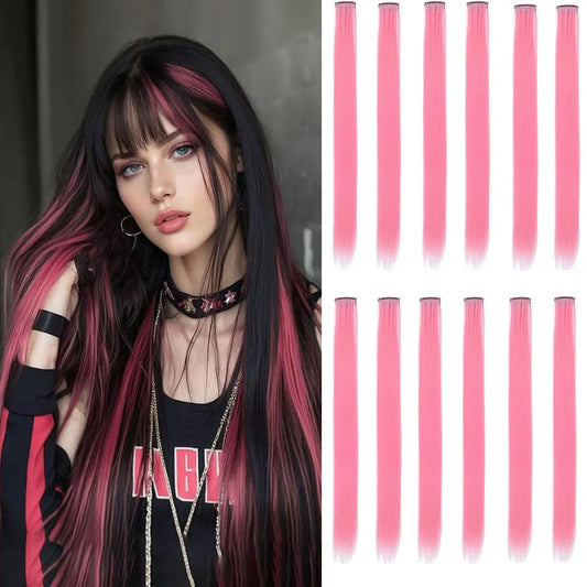 18-Color Clip-In Hair Extensions – 22 Inch Long Straight Synthetic Wig with High Gloss for Women & Children
