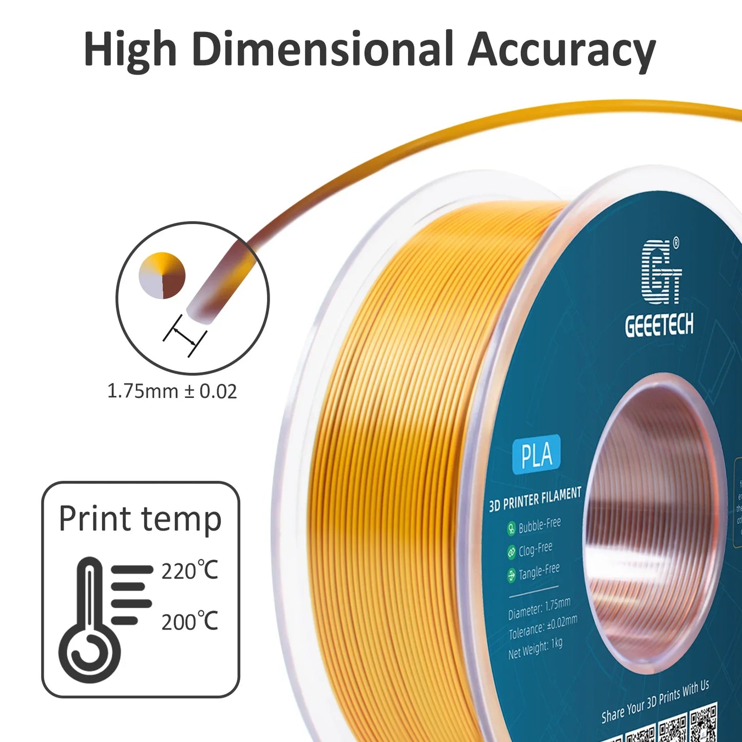 Geeetech Tri-Color Silk PLA 3D Printer Filament – 1.75mm, 1KG Spool, Vacuum Pack, Special Colors