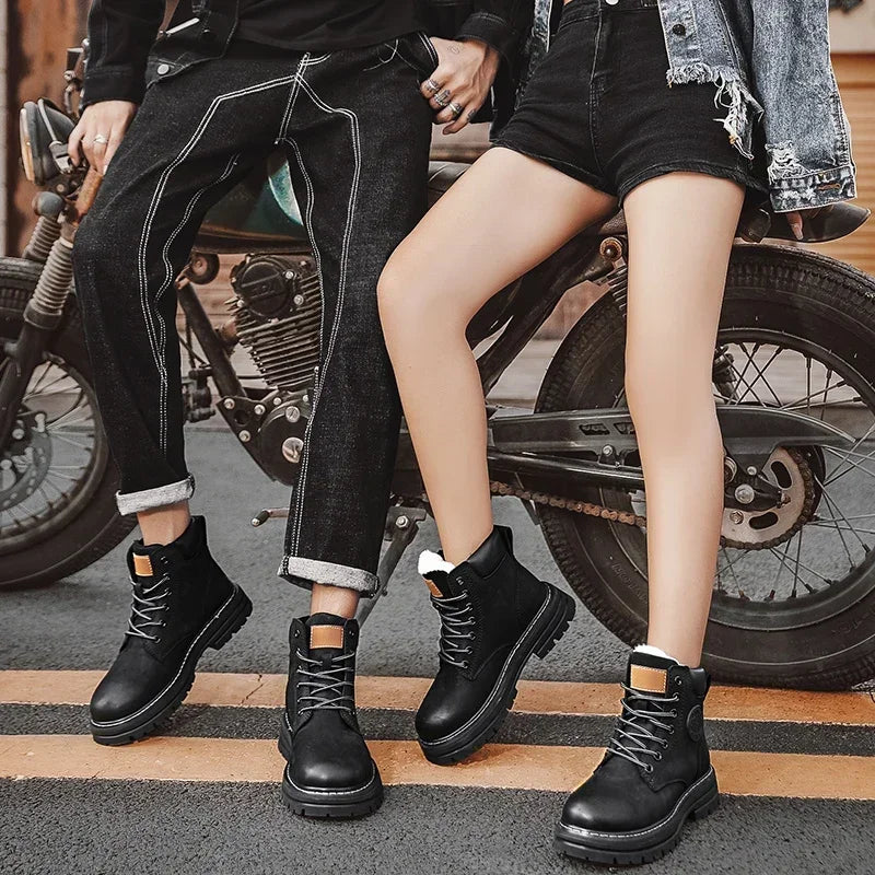 High Top Leather Boots for Men & Women – Fashion Lace-Up Outdoor Sneakers, Non-Slip Casual Ankle Shoes for Couples