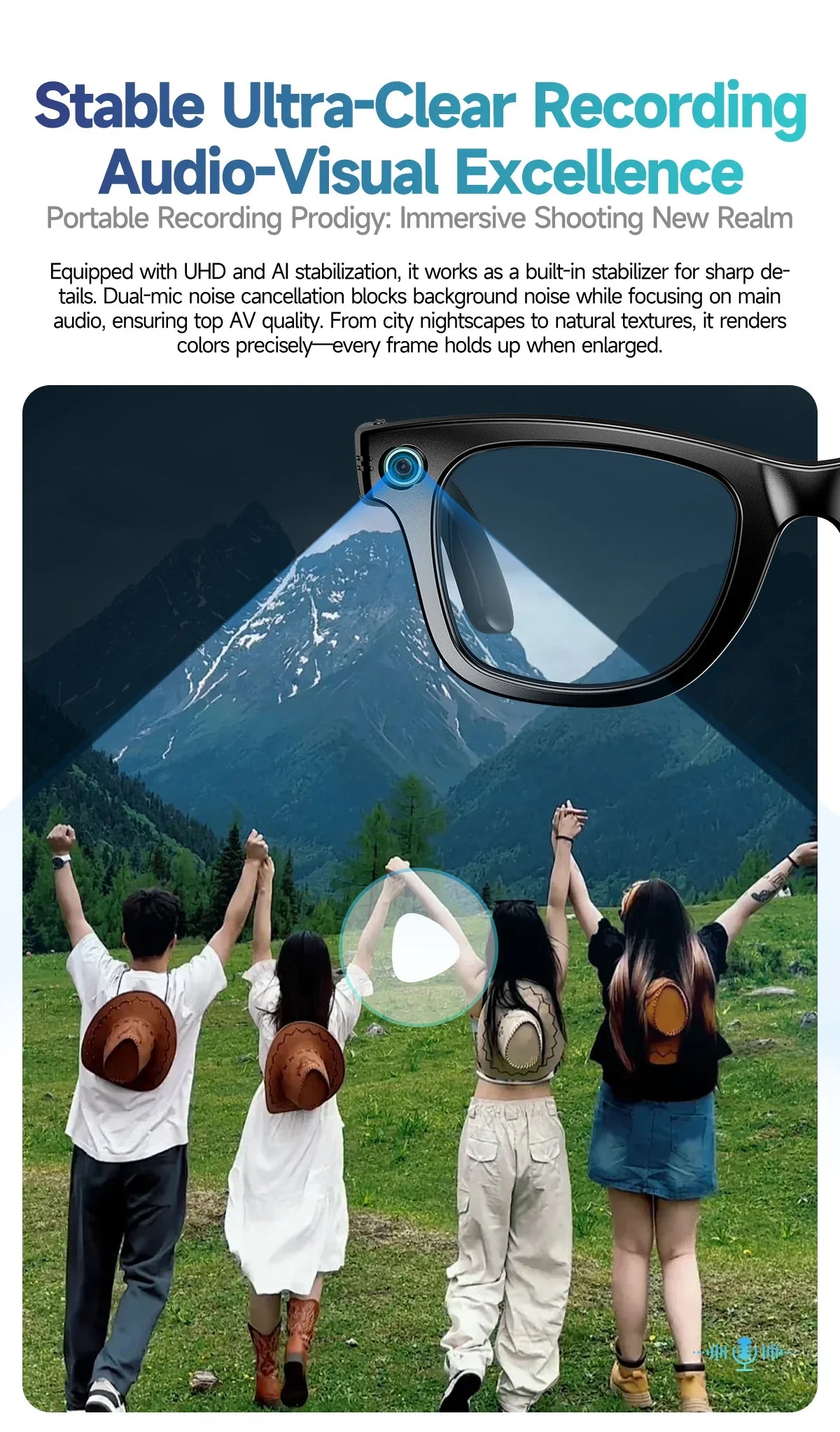 8MP Smart Glasses — AI Photo Recognition, Video Recording, Translation, Bluetooth, IP65 Waterproof, 270mAh Battery