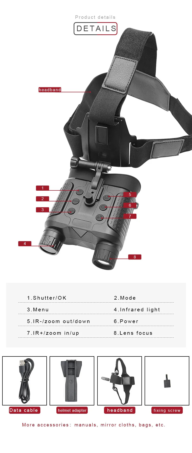 NV8160 Night Vision Binoculars | Head-Mounted Tactical Helmet Goggles with 8X Digital Zoom for Hunting