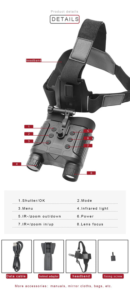 NV8160 Night Vision Binoculars | Head-Mounted Tactical Helmet Goggles with 8X Digital Zoom for Hunting