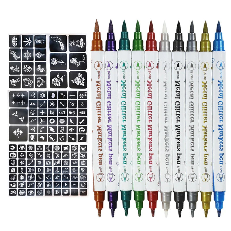 Temporary Skin Tattoo Pen – 10 Colors, Dual-Ended for Bold & Fine Lines, Long-Lasting Body & Face Art