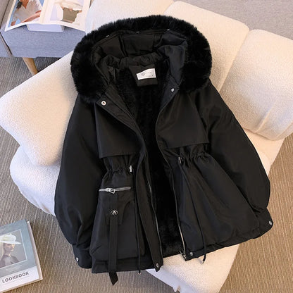 Fleece-Lined Hooded Down Jacket for Women – Warm Padded Parka, Casual Korean Streetwear Winter Coat