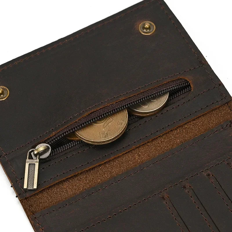 Men's Genuine Leather Short Wallet with Chain – Zipper Clutch, Trifold Purse, Card Holder & Coin Purse for Men