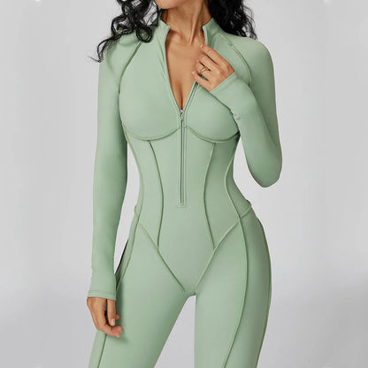 Women’s Long Sleeve Yoga Bodysuit Jumpsuit – Zip-Up Gym Tracksuit One-Piece Fitness Outfit for High-Intensity Workout & Training