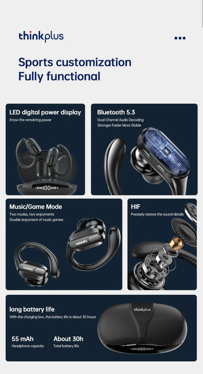 Lenovo XT80 Sports Wireless Earphones — TWS Bluetooth 5.3, HiFi Stereo, LED Power Display, Built-in Mic Headphones