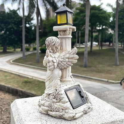 Solar European Roman Column Angel Sculpture – Outdoor Garden & Courtyard Resin Decoration, Home Decor Crafts