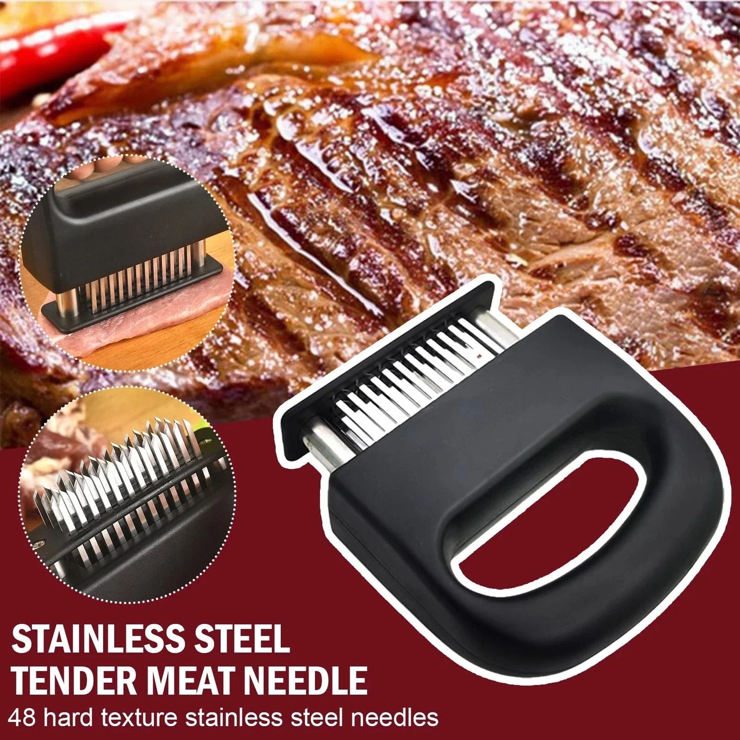Retractable Stainless Steel Meat Tenderizer - 48 Blades for Softening, Pounder & Cooking Steak - Kitchen Meat Beater Tool