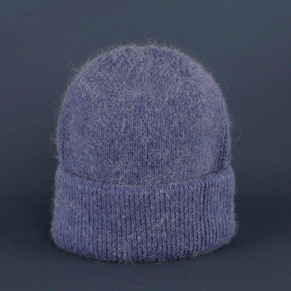 2024 Rabbit Fur Beanie – Soft Fluffy Winter Hat for Women, Angora Knitted Skullies, Warm Bonnet Knit Cap