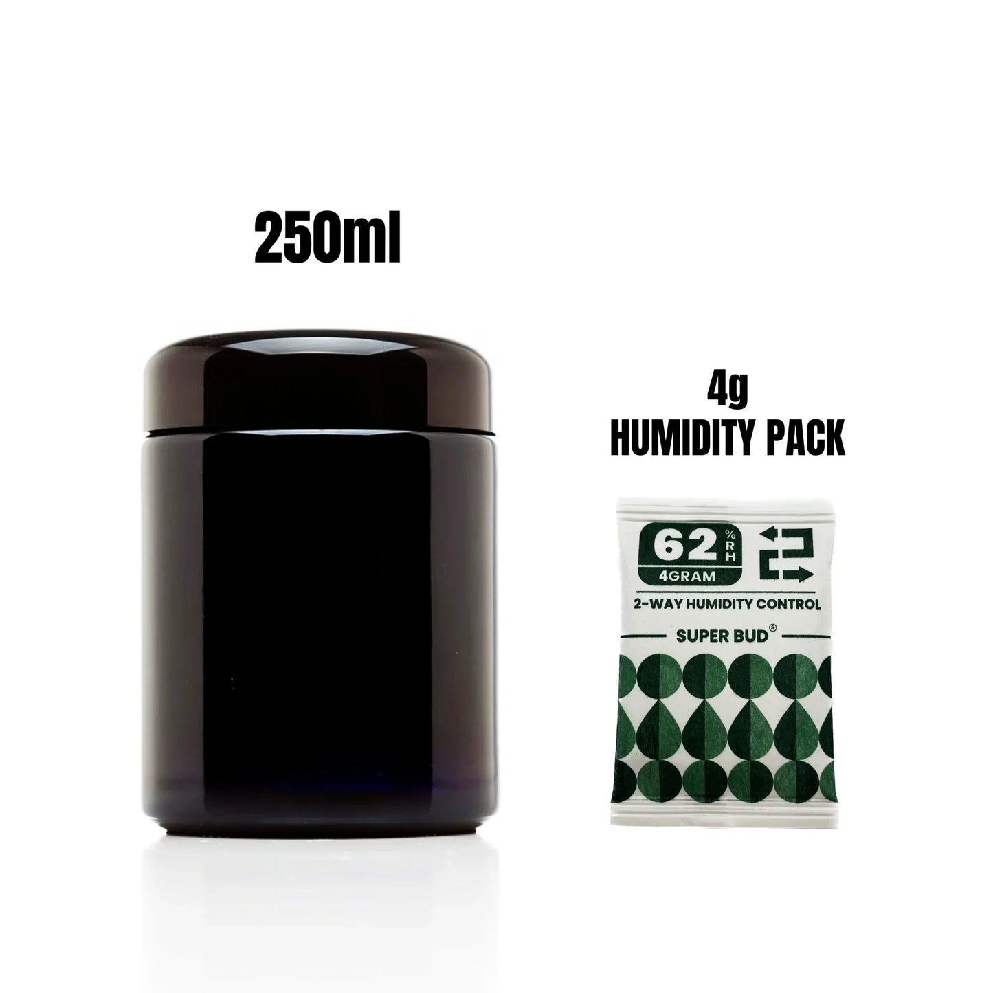Airtight UV Glass Jar — Smell-Proof 1/2oz-1L Container with 2-Way 62% Humidity Pack to Keep Goods Fresh