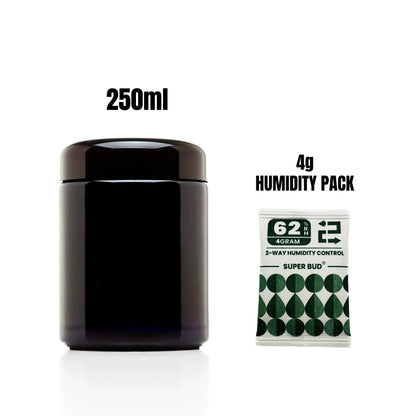 Airtight UV Glass Jar — Smell-Proof 1/2oz-1L Container with 2-Way 62% Humidity Pack to Keep Goods Fresh