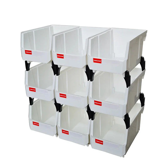 V2 White Workshop Storage Bins – 9PCS Stackable Multi-Tool Organizer Box 200x130x110mm for Garage Supplies