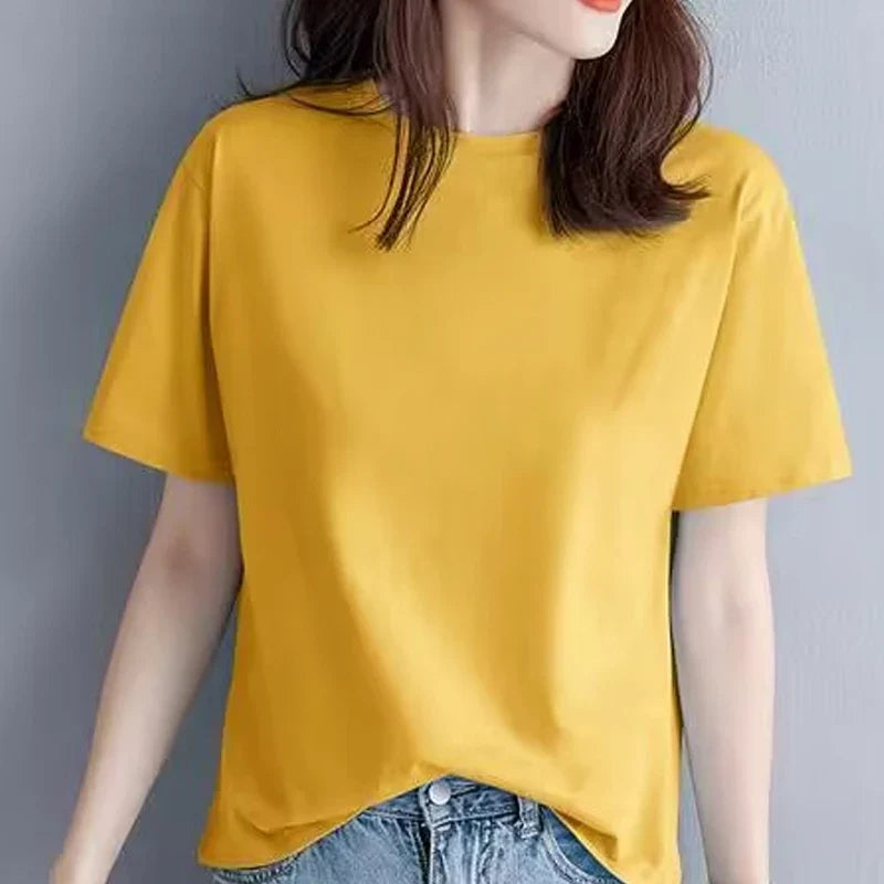 Women's 100% Cotton Crew Neck T-Shirt - Casual Regular-Fit Basic White Summer Tee