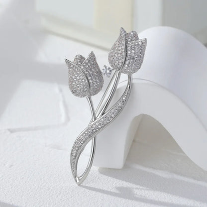 Luxury Tulip Flower Brooch Pin with White Stone – Elegant Rose Floral Jewelry for Women (2023 Design)