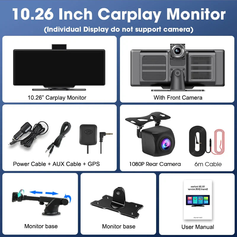 10.26'' 4K Dash Cam Car Mirror Video Player - Wireless CarPlay, Android Auto, GPS, and Rearview Camera Monitor