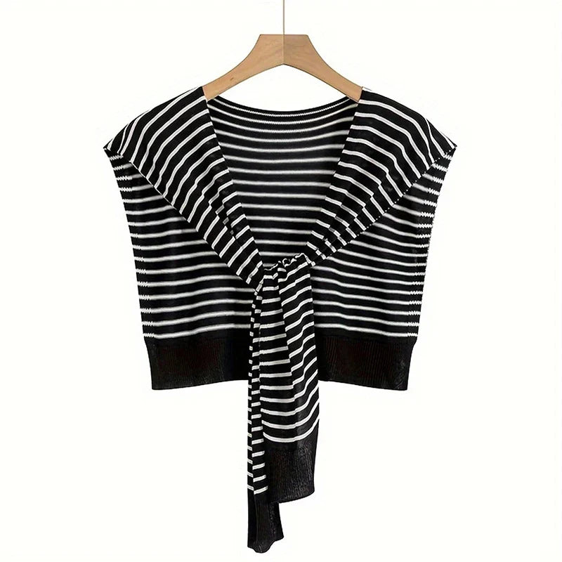 Striped Knitted Shawl Scarf – Warm Winter Cape with Fake Collar for Women