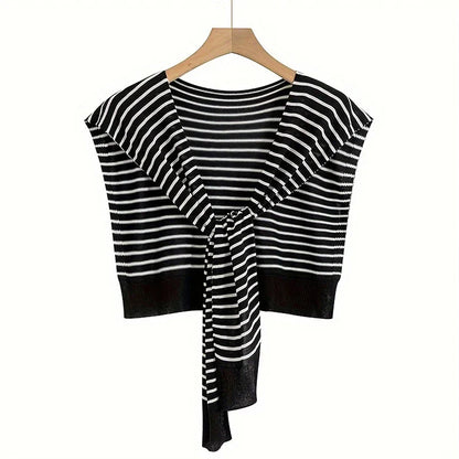 Striped Knitted Shawl Scarf – Warm Winter Cape with Fake Collar for Women