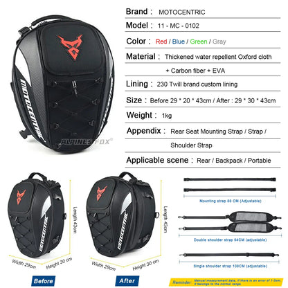 MOTOCENTRIC Waterproof Motorcycle Tail Bag - Multi-functional, Durable 37L High Capacity Rear Seat Rider Helmet Backpack