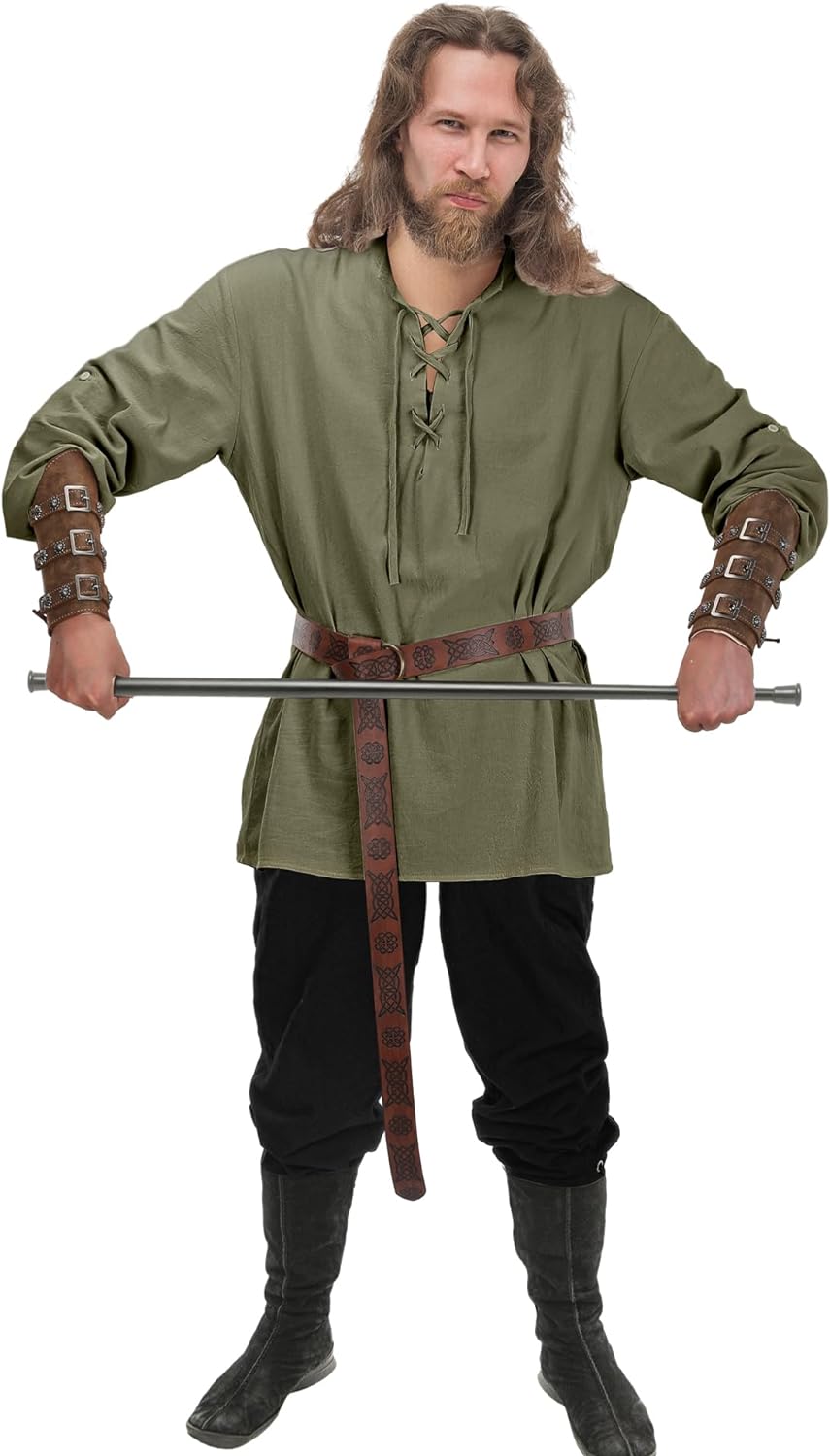 Jiuguva 4-Pcs Halloween Men's Renaissance Costume Set – Medieval Pirate Shirt, Ankle Banded Pants & Viking Belt Accessories