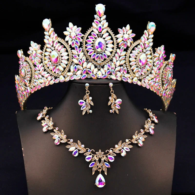 Rhinestone Bridal Tiara Jewelry Set - Wedding Crown with Necklace and Earrings for Women