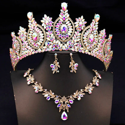 Rhinestone Bridal Tiara Jewelry Set - Wedding Crown with Necklace and Earrings for Women