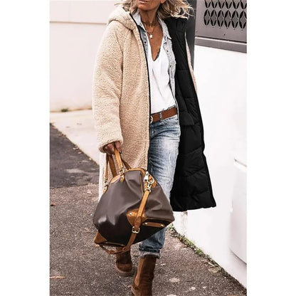 Women's Winter Hooded Quilted Jacket – Reversible Solid Puffer Coat, Thick Long Sleeve Casual Outerwear