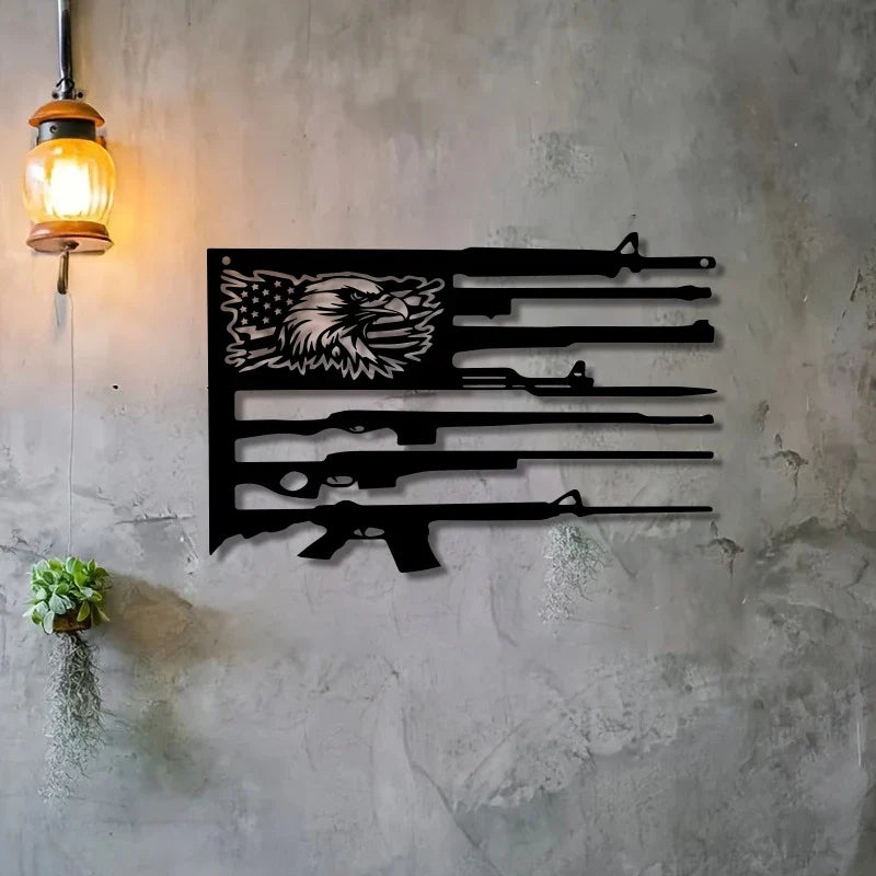 Patriotic Eagle Flag Metal Wall Art - American Gun Theme Sculpture Decor for Home and Gun Enthusiast Spaces