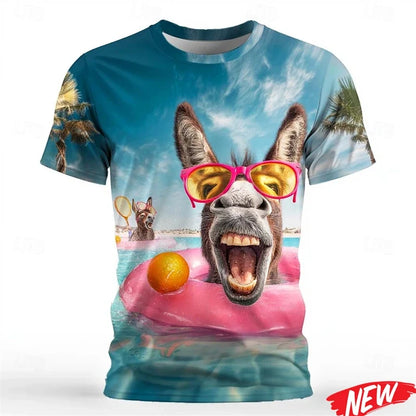 Funny Cow & Donkey 3D Print T-Shirt - Men's Casual Crew Neck Streetwear Tee