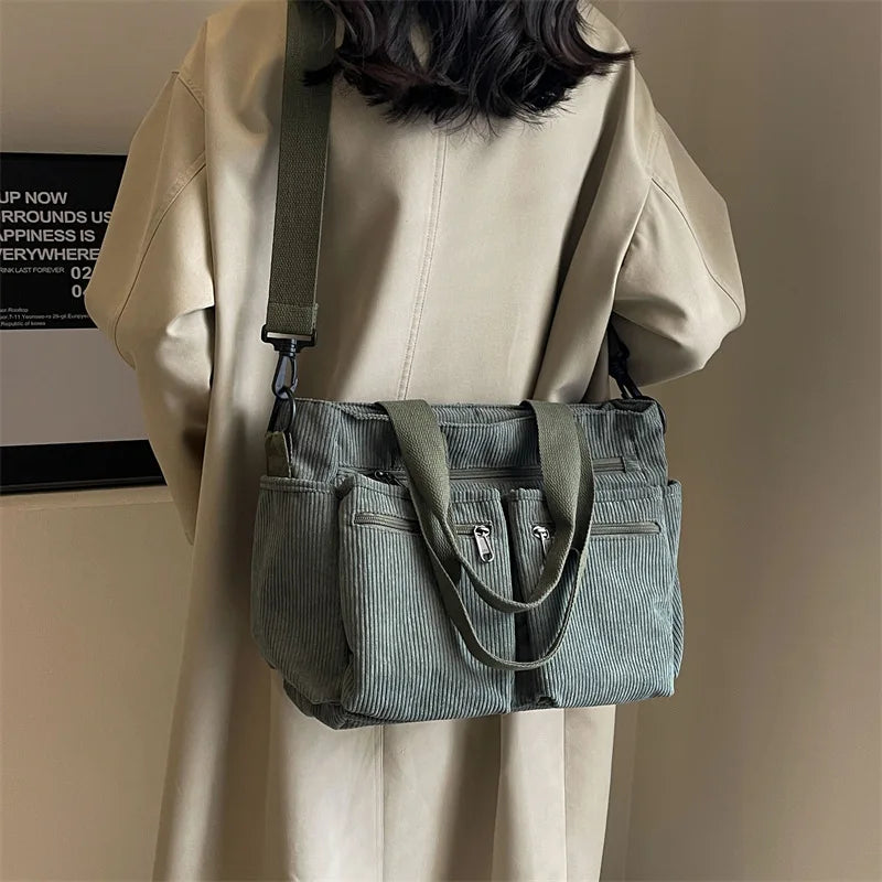 Corduroy Messenger Bag - Large Capacity Multi-Layer Shoulder Tote for Commuting & Camping