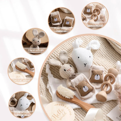 Newborn Baby Bath Gift Set - Cotton Blanket, Saliva Towel, Rattle Toy & Soft Brush Kit