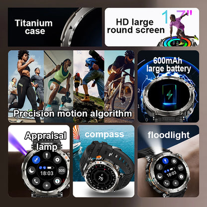 2025 5ATM Outdoor Smartwatch for Men – 600mAh Battery, LED Flashlight, Compass, Bluetooth Call, Heart Rate, IP68 Sports Watch