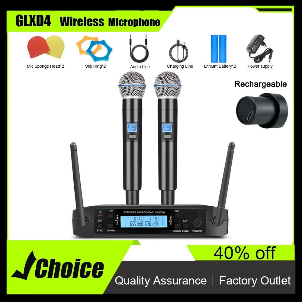 GLXD4 Professional Wireless Microphone – Dual Channel UHF Rechargeable Mic for Stage, Speeches & Live Streaming