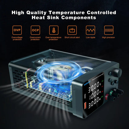 30V 10A Adjustable DC Lab Power Supply – 4-Digit LED Display, USB-A/Type-C 5V/3.6A Fast Charge with Encoder Control