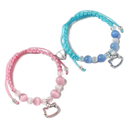 Spider Kitty Heart Charm Bracelets - Magnetic Crystal Beaded Couple Matching Jewelry