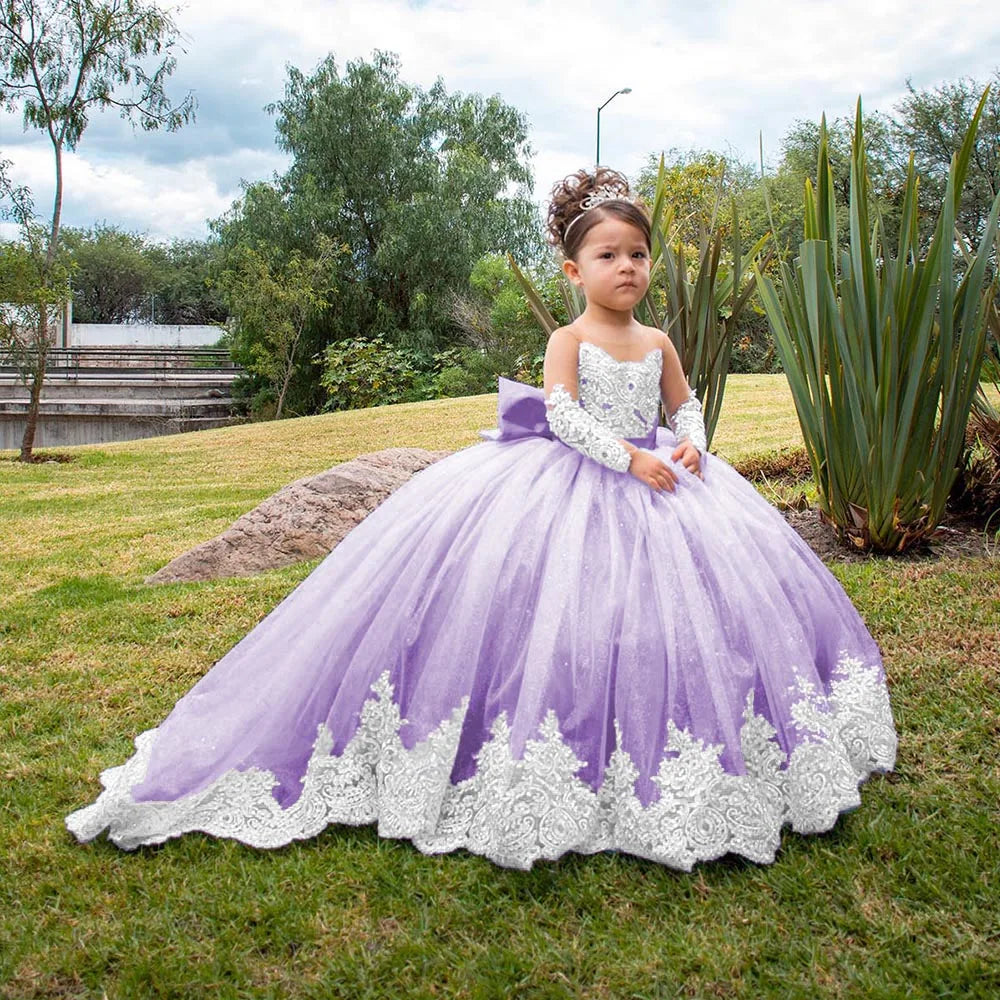 Flower Girl Wedding Dress - Long Sleeve Satin Bow Ball Gown for Toddlers & Girls
