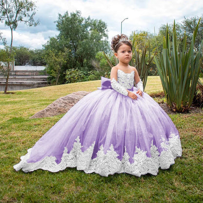 Flower Girl Wedding Dress - Long Sleeve Satin Bow Ball Gown for Toddlers & Girls