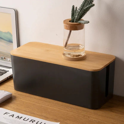 Creative Bamboo Wire Management Box — Cable, Plug, and Power Cord Organizer with Wooden Cover