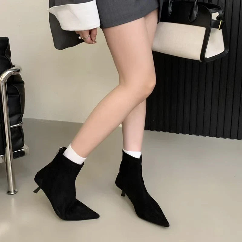 SUOJIALUN 2024 Winter New Women’s Short Boots – Fashion Pointed Toe, Elegant Ankle Boots with Thin High Heel Dress Pumps