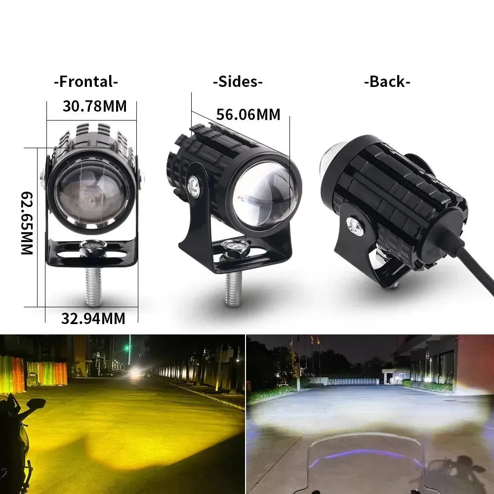 2PCS Universal Motorcycle LED Projector Headlights - Dual Color ATV Scooter Fog Light Auxiliary Driving Spotlight Lamp