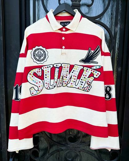 Sume Autumn Men’s Hip Hop Polo Shirt — Y2K Retro Long Sleeve Klein Stone Stripe Lapel Tee