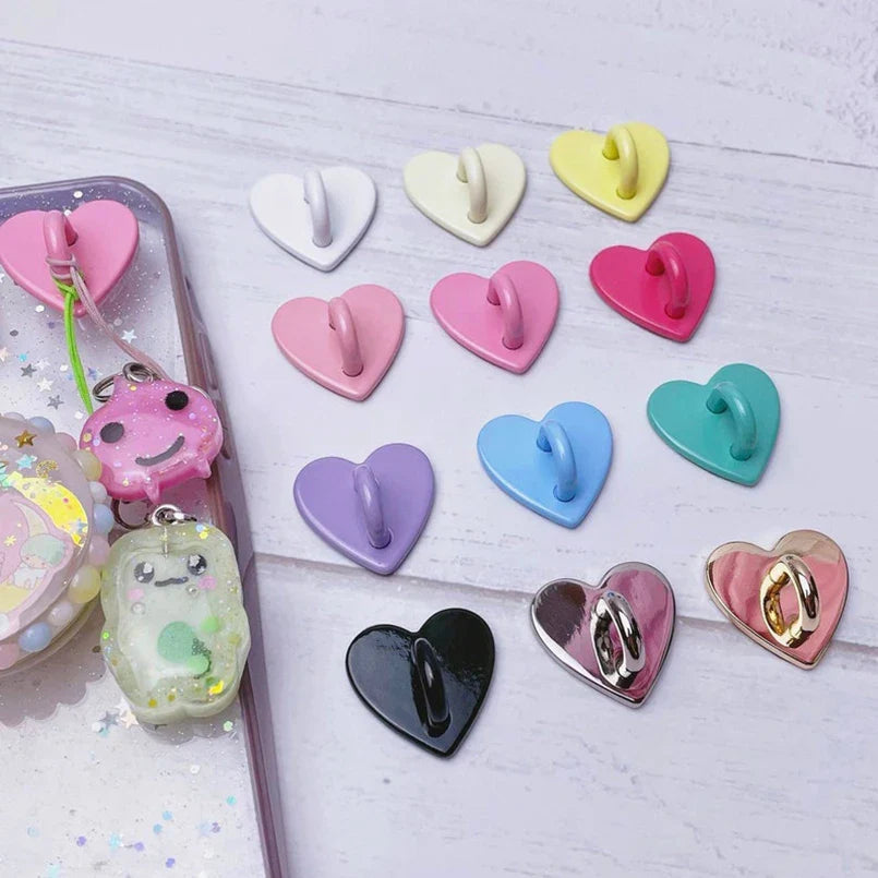Kawaii Metal Heart Phone Charm — Adhesive Holder, Finger Ring Stand, Case Hook & Buckle Accessory with String