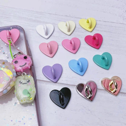 Kawaii Metal Heart Phone Charm — Adhesive Holder, Finger Ring Stand, Case Hook & Buckle Accessory with String