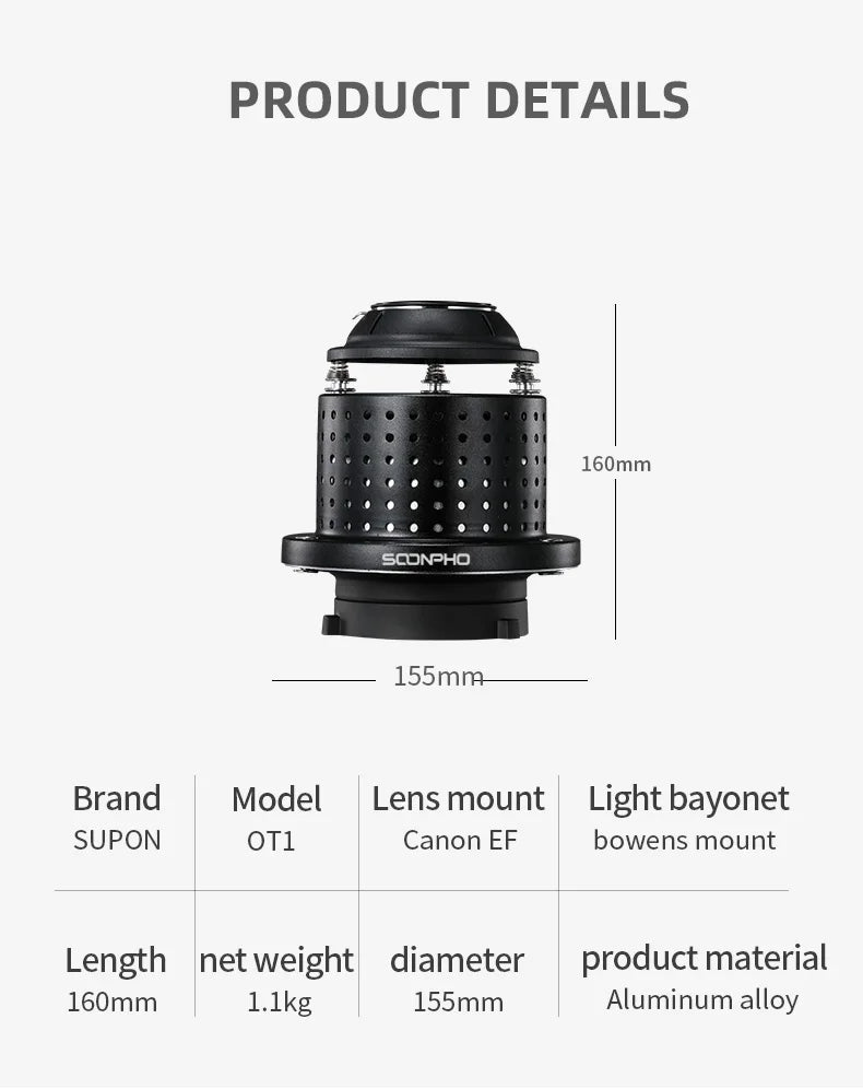 SOONPHO OT1 Bowens Mount Snoot with 50mm/85mm/150mm Lenses – Professional Photography Accessories for Godox Flash Light