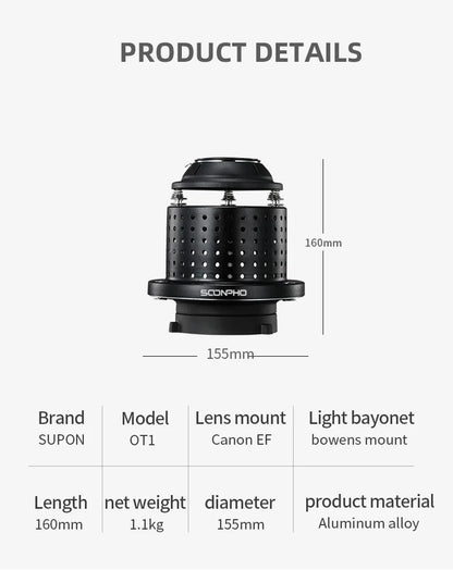 SOONPHO OT1 Bowens Mount Snoot with 50mm/85mm/150mm Lenses – Professional Photography Accessories for Godox Flash Light