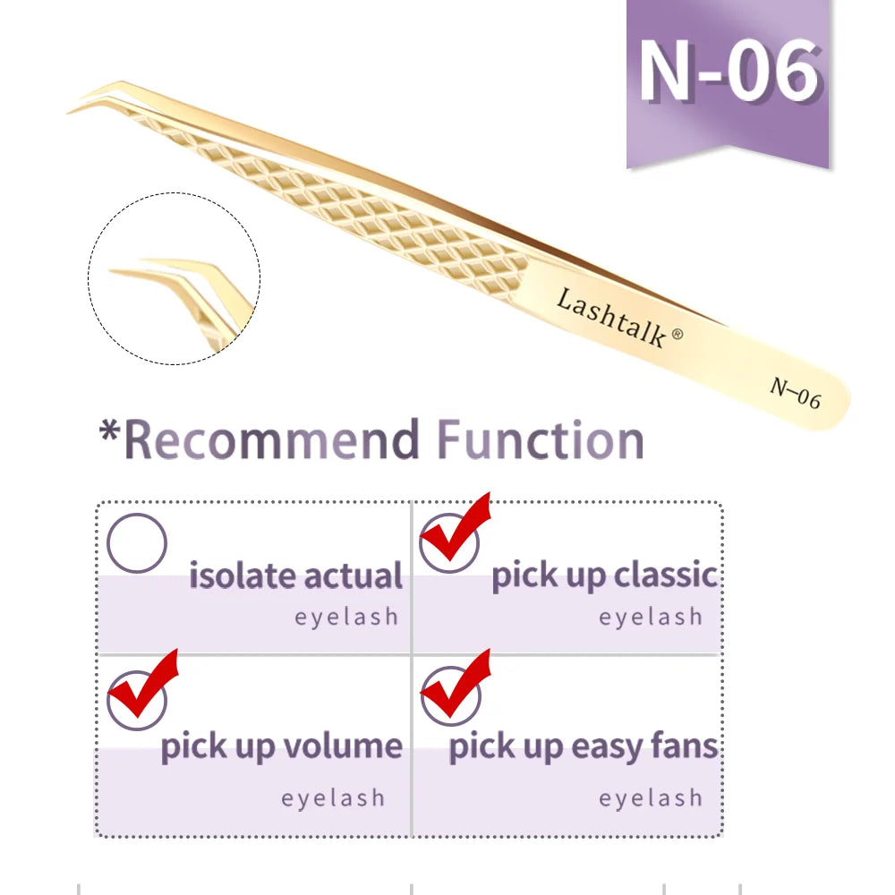 Lashtalk Precision Fiber Tip Tweezer - Diamond Grip Anti-Slip Gold Stainless Steel for Eyelash Extensions Makeup by Nagaraku